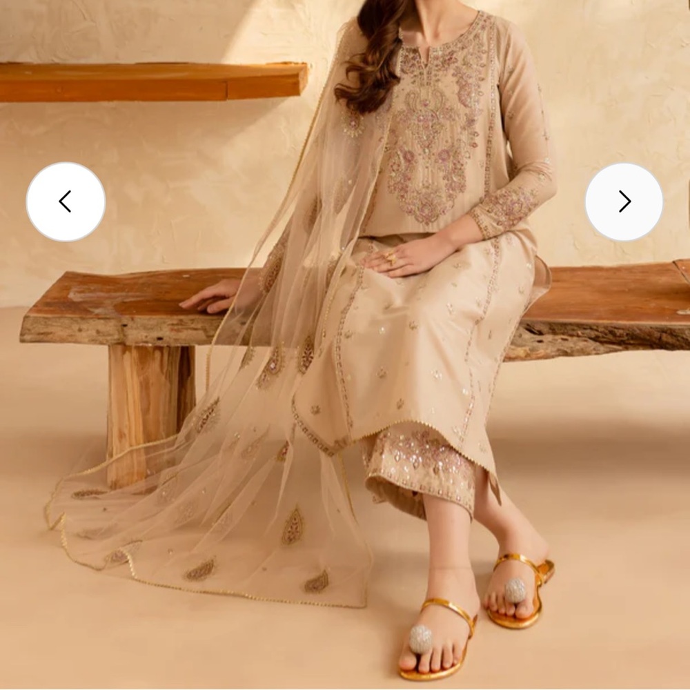 Beige 3 Piece Pakistani long shirt and trouser suit with Dopatta embroidered